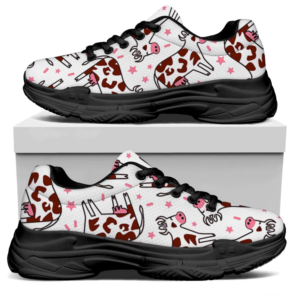 Cartoon Happy Dairy Cow Pattern Print Black Chunky Shoes
