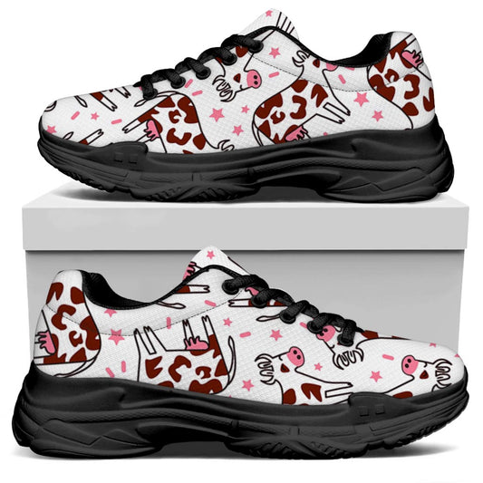 Cartoon Happy Dairy Cow Pattern Print Black Chunky Shoes