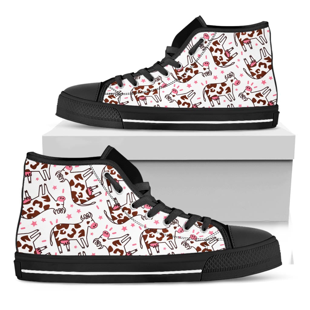 Cartoon Happy Dairy Cow Pattern Print Black High Top Sneakers