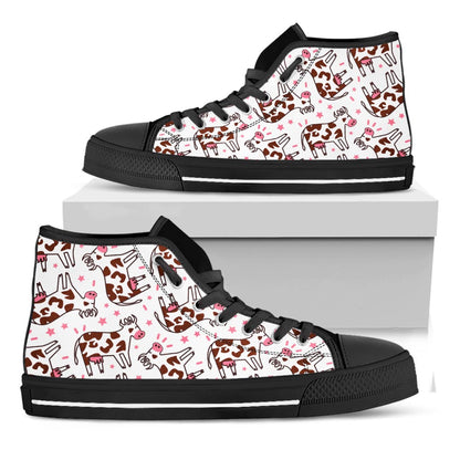 Cartoon Happy Dairy Cow Pattern Print Black High Top Sneakers