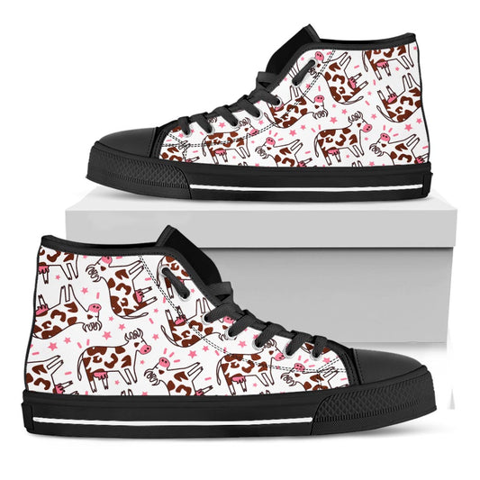 Cartoon Happy Dairy Cow Pattern Print Black High Top Sneakers