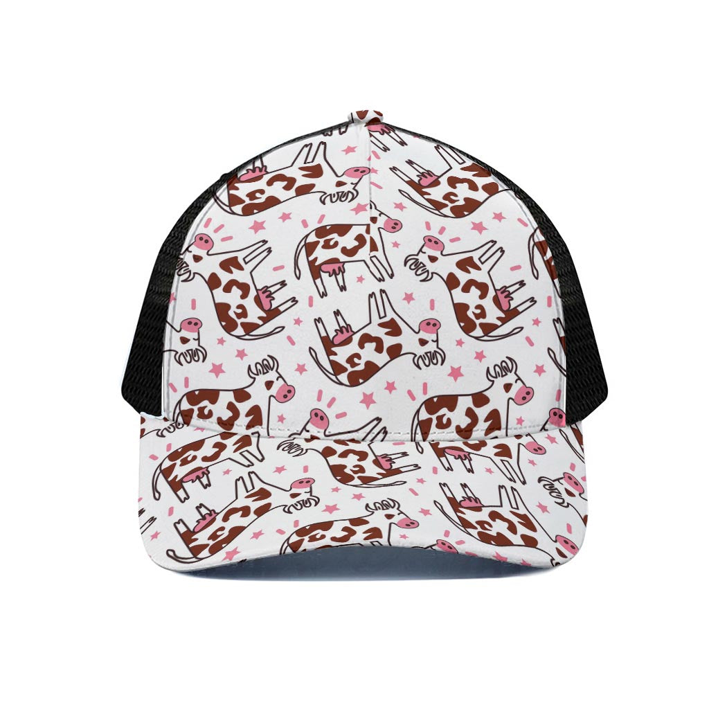 Cartoon Happy Dairy Cow Pattern Print Black Mesh Trucker Cap