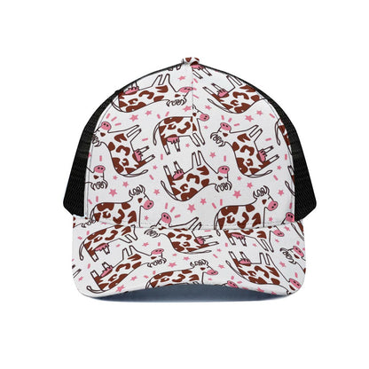 Cartoon Happy Dairy Cow Pattern Print Black Mesh Trucker Cap