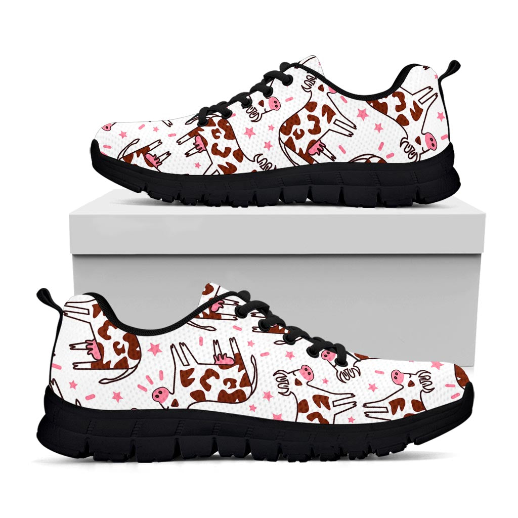 Cartoon Happy Dairy Cow Pattern Print Black Running Shoes