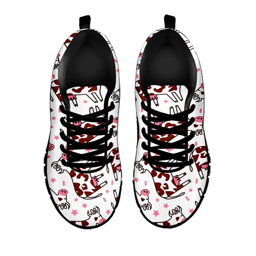 Cartoon Happy Dairy Cow Pattern Print Black Running Shoes
