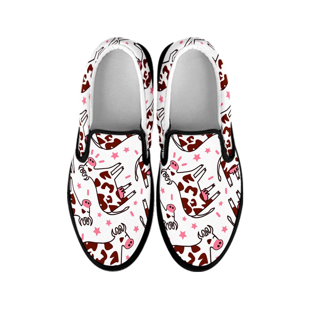 Cartoon Happy Dairy Cow Pattern Print Black Slip On Sneakers