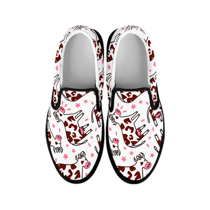 Cartoon Happy Dairy Cow Pattern Print Black Slip On Sneakers