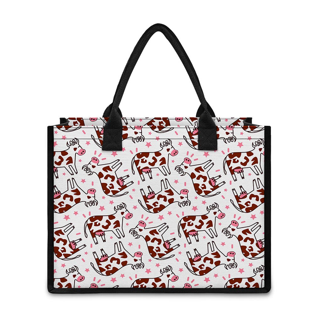 Cartoon Happy Dairy Cow Pattern Print Canvas Tote Bag