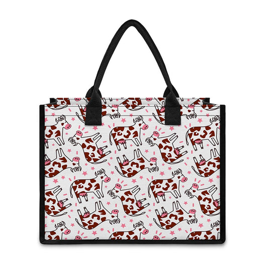Cartoon Happy Dairy Cow Pattern Print Canvas Tote Bag