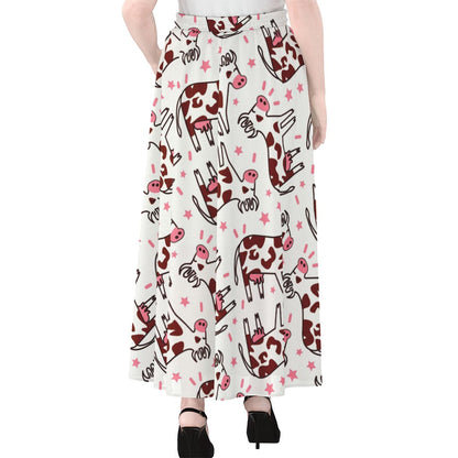 Cartoon Happy Dairy Cow Pattern Print Chiffon Maxi Skirt