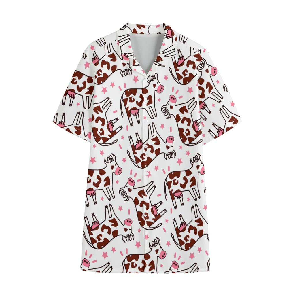 Cartoon Happy Dairy Cow Pattern Print Cotton Hawaiian Shirt