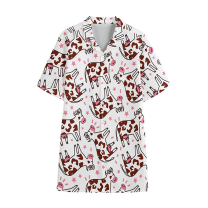 Cartoon Happy Dairy Cow Pattern Print Cotton Hawaiian Shirt