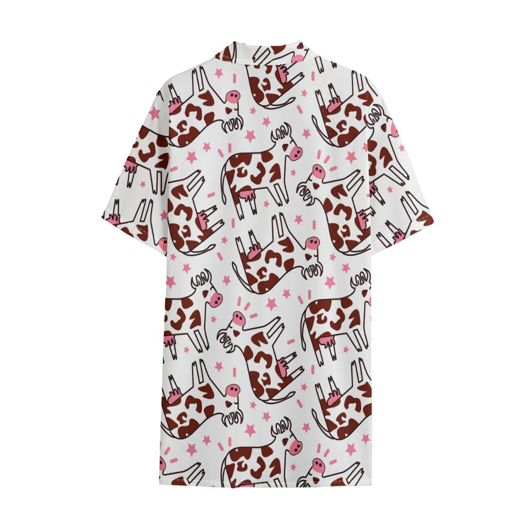Cartoon Happy Dairy Cow Pattern Print Cotton Hawaiian Shirt