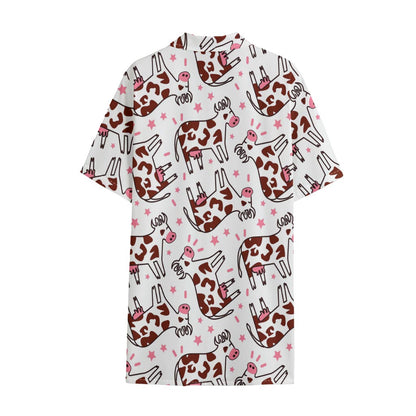 Cartoon Happy Dairy Cow Pattern Print Cotton Hawaiian Shirt