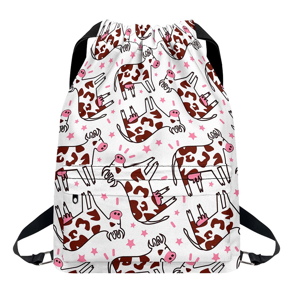 Cartoon Happy Dairy Cow Pattern Print Drawstring Backpack
