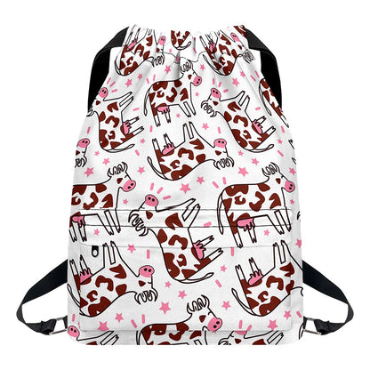 Cartoon Happy Dairy Cow Pattern Print Drawstring Backpack
