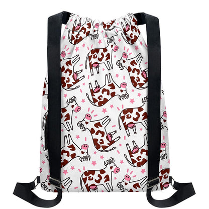 Cartoon Happy Dairy Cow Pattern Print Drawstring Backpack