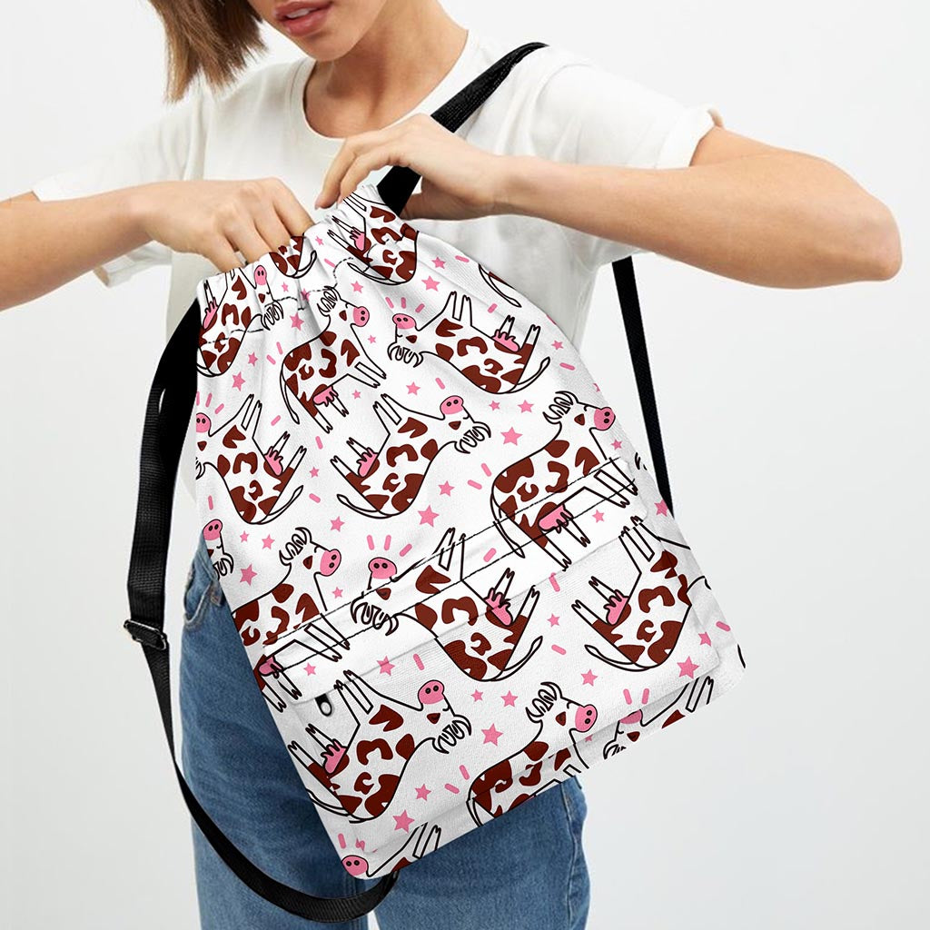 Cartoon Happy Dairy Cow Pattern Print Drawstring Backpack
