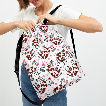 Cartoon Happy Dairy Cow Pattern Print Drawstring Backpack