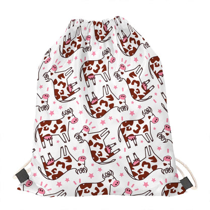 Cartoon Happy Dairy Cow Pattern Print Drawstring Bag