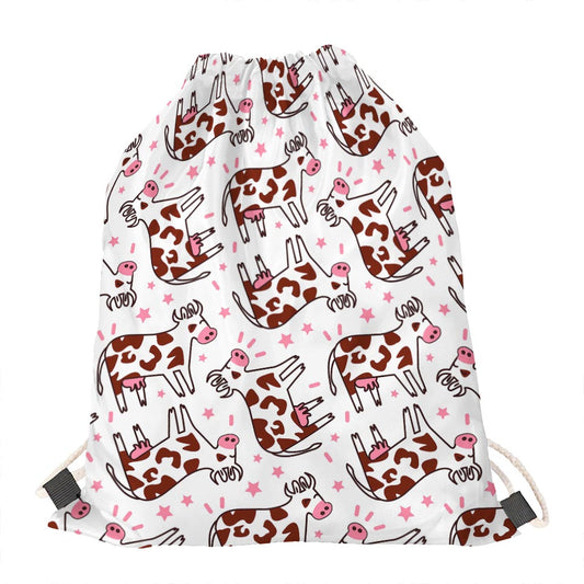 Cartoon Happy Dairy Cow Pattern Print Drawstring Bag