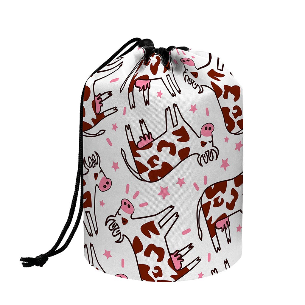 Cartoon Happy Dairy Cow Pattern Print Drawstring Makeup Bag