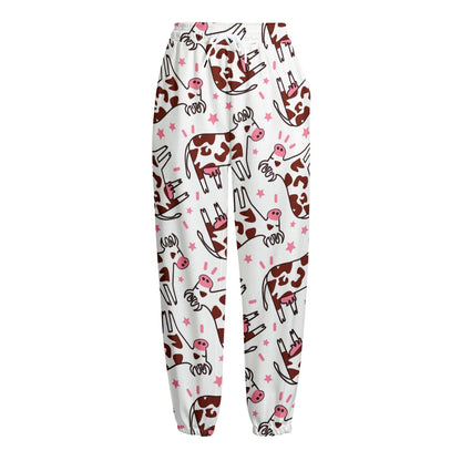 Cartoon Happy Dairy Cow Pattern Print Fleece Lined Knit Pants