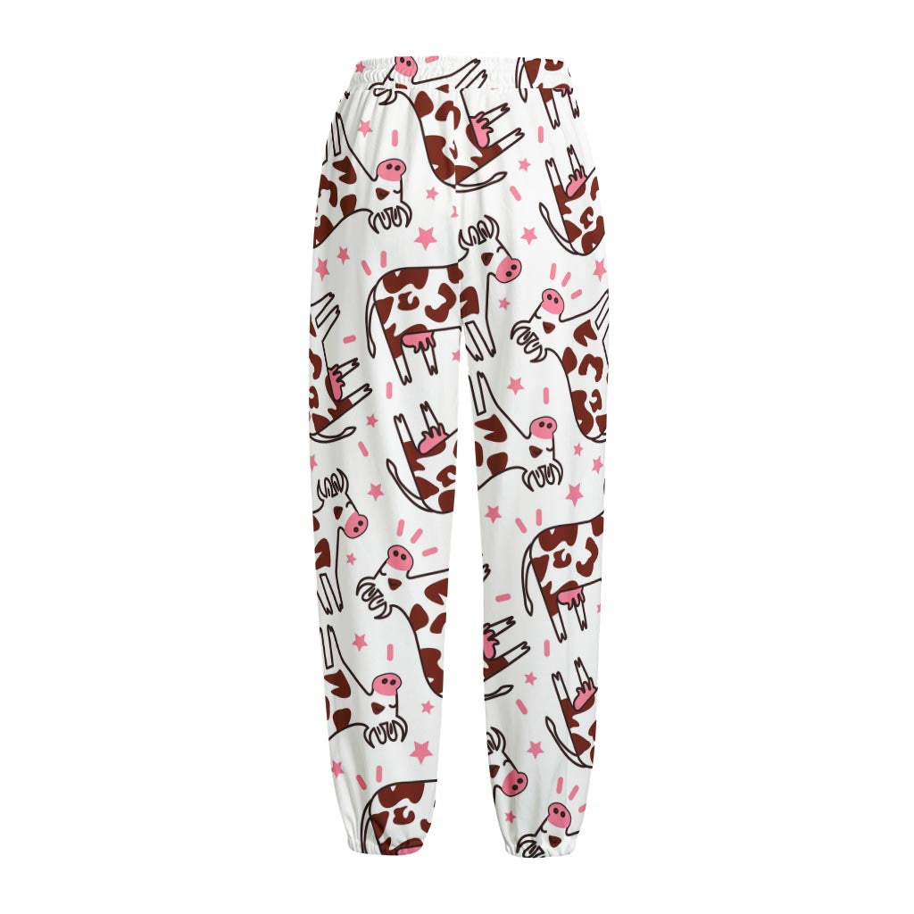 Cartoon Happy Dairy Cow Pattern Print Fleece Lined Knit Pants