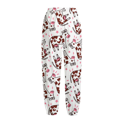 Cartoon Happy Dairy Cow Pattern Print Fleece Lined Knit Pants