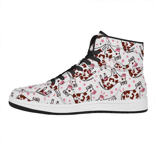 Cartoon Happy Dairy Cow Pattern Print High Top Leather Sneakers