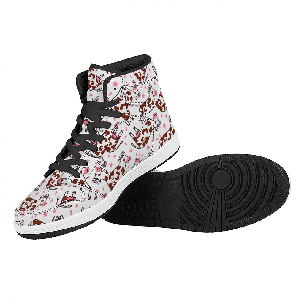 Cartoon Happy Dairy Cow Pattern Print High Top Leather Sneakers