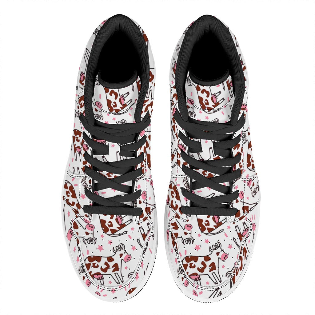 Cartoon Happy Dairy Cow Pattern Print High Top Leather Sneakers