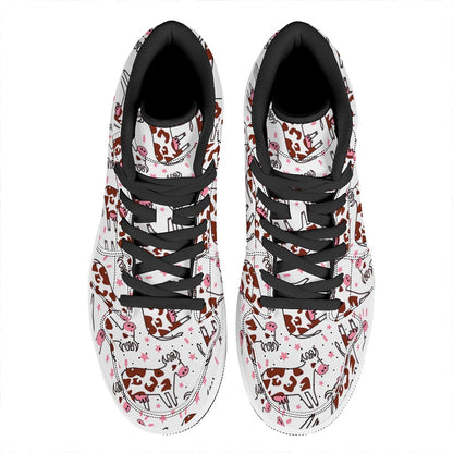 Cartoon Happy Dairy Cow Pattern Print High Top Leather Sneakers