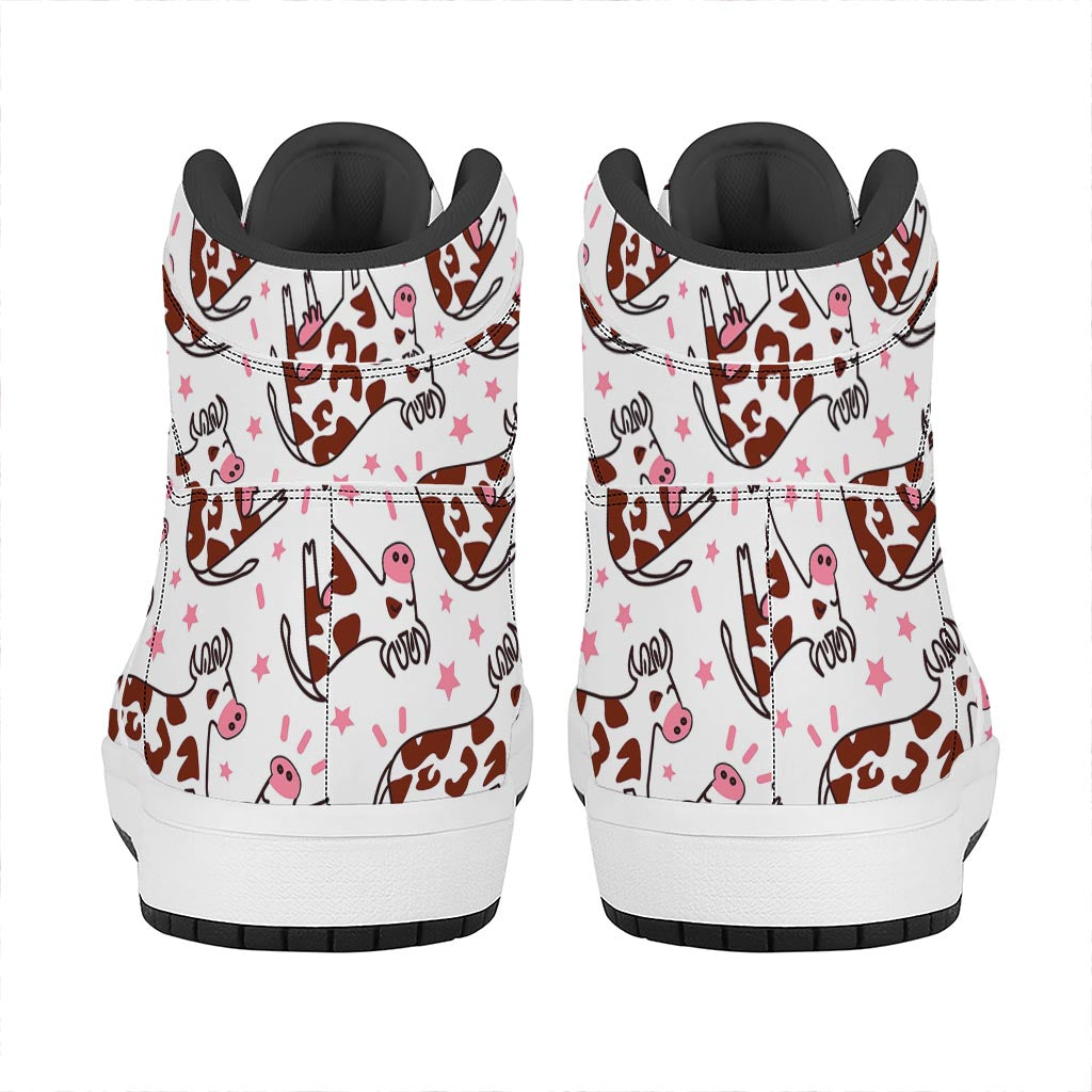 Cartoon Happy Dairy Cow Pattern Print High Top Leather Sneakers