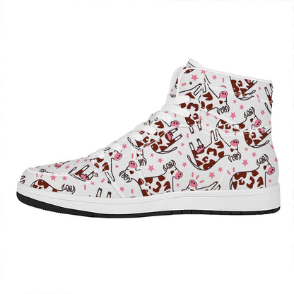 Cartoon Happy Dairy Cow Pattern Print High Top Leather Sneakers