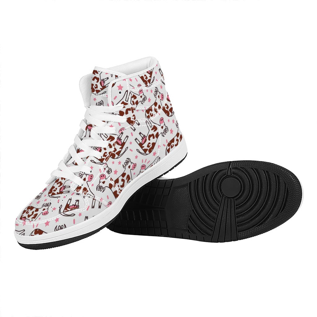 Cartoon Happy Dairy Cow Pattern Print High Top Leather Sneakers