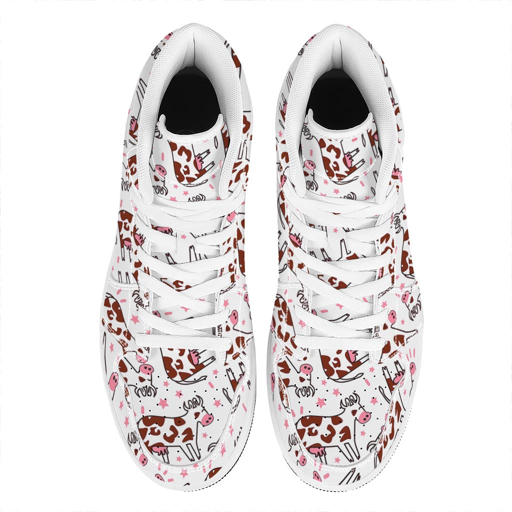 Cartoon Happy Dairy Cow Pattern Print High Top Leather Sneakers