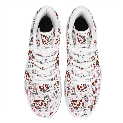 Cartoon Happy Dairy Cow Pattern Print High Top Leather Sneakers