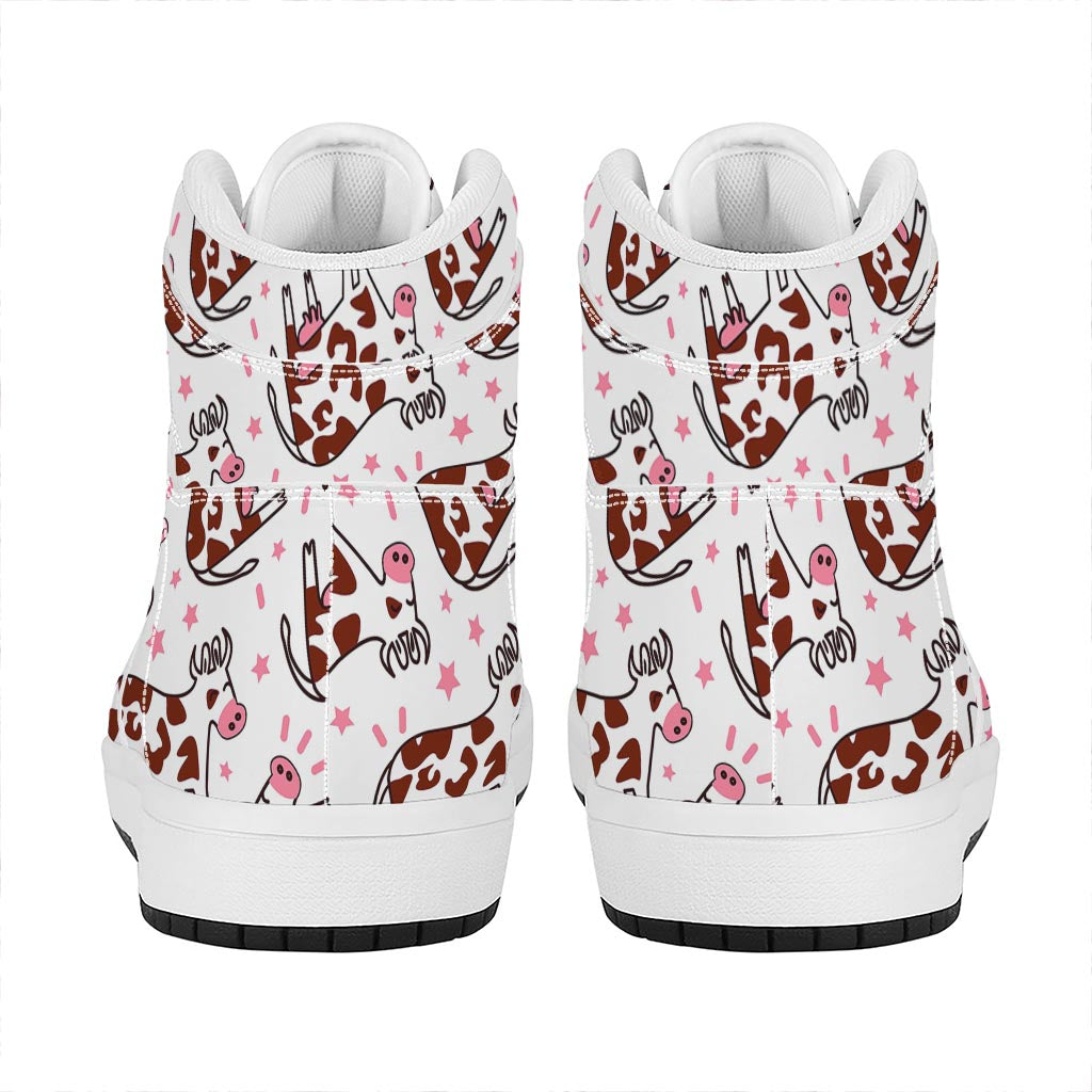 Cartoon Happy Dairy Cow Pattern Print High Top Leather Sneakers