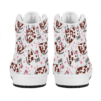 Cartoon Happy Dairy Cow Pattern Print High Top Leather Sneakers