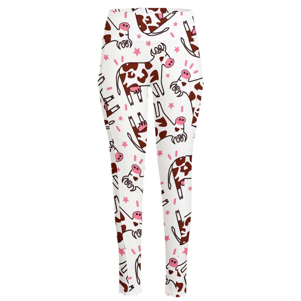Cartoon Happy Dairy Cow Pattern Print High-Waisted Pocket Leggings