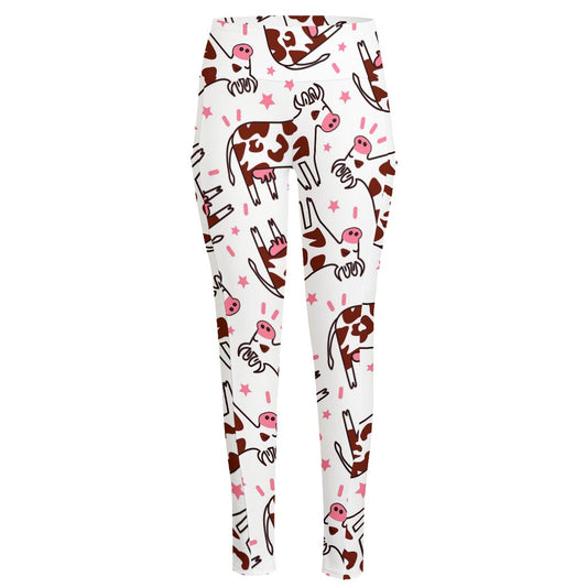 Cartoon Happy Dairy Cow Pattern Print High-Waisted Pocket Leggings