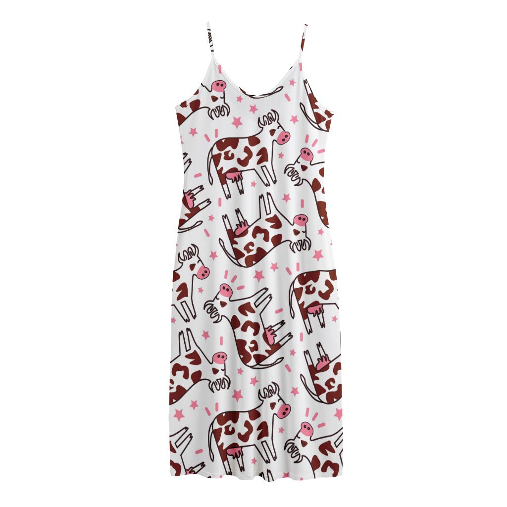Cartoon Happy Dairy Cow Pattern Print Jersey Midi Cami Dress