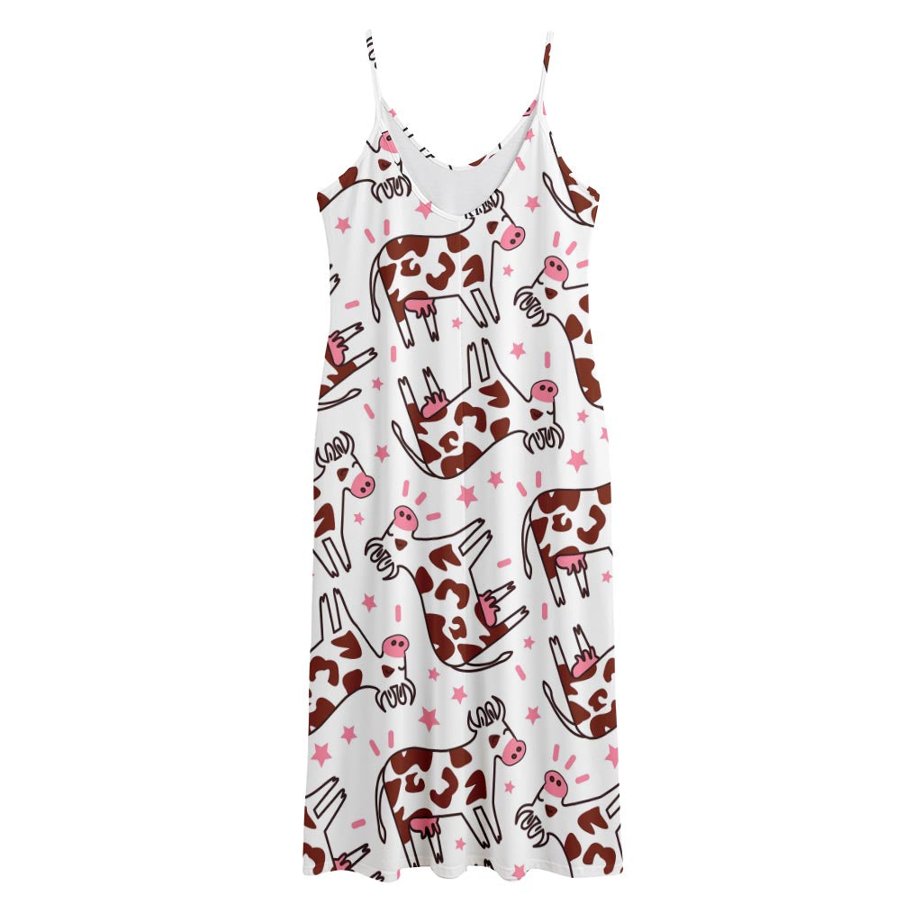 Cartoon Happy Dairy Cow Pattern Print Jersey Midi Cami Dress