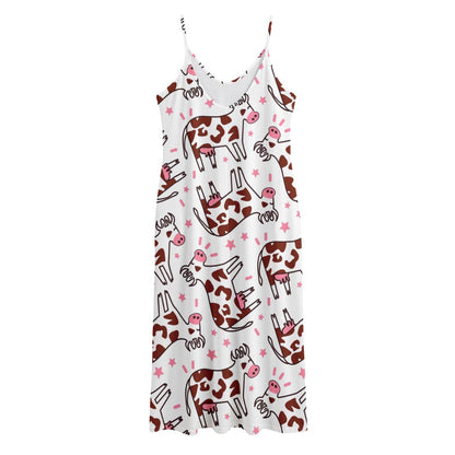 Cartoon Happy Dairy Cow Pattern Print Jersey Midi Cami Dress