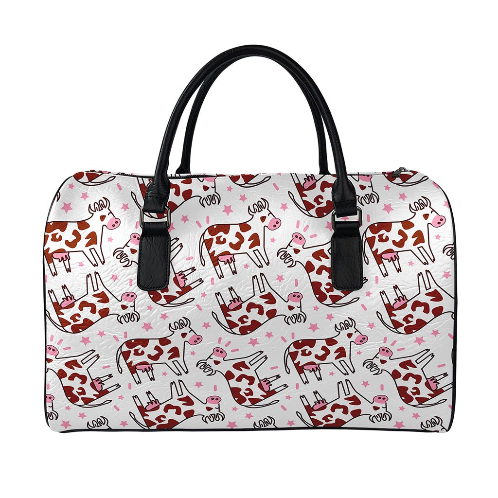 Cartoon Happy Dairy Cow Pattern Print Leather Duffle Bag