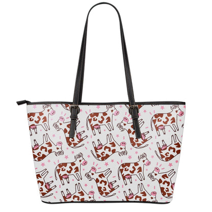Cartoon Happy Dairy Cow Pattern Print Leather Tote Bag