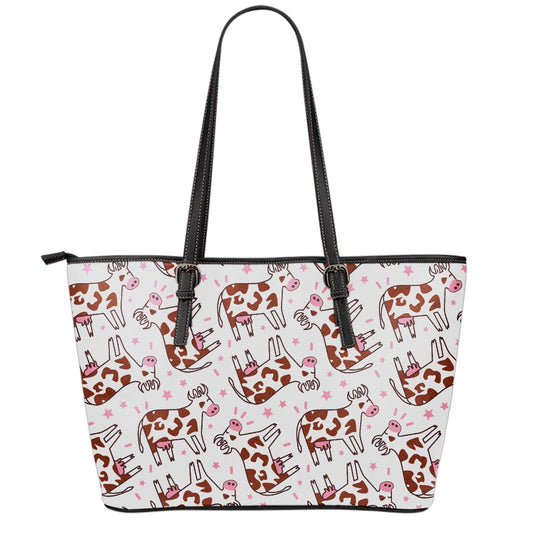 Cartoon Happy Dairy Cow Pattern Print Leather Tote Bag