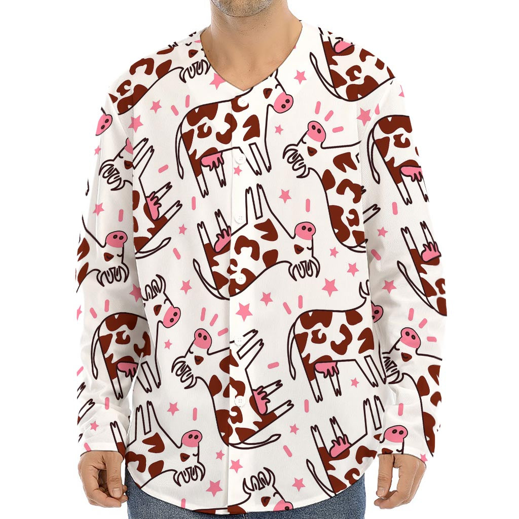Cartoon Happy Dairy Cow Pattern Print Long Sleeve Baseball Jersey