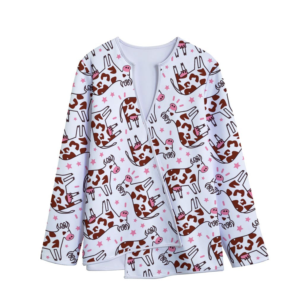 Cartoon Happy Dairy Cow Pattern Print Long Sleeve Short Coat